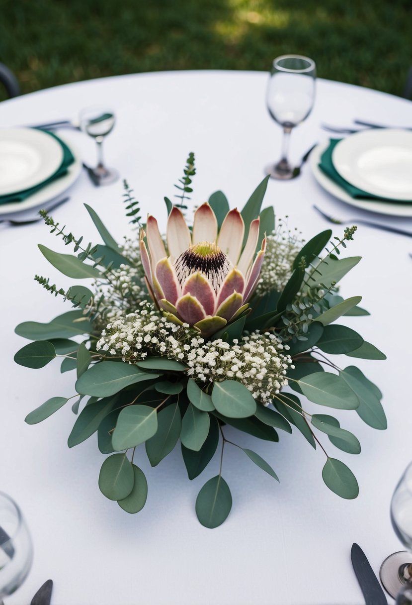 A small, round centerpiece made of protea flowers, surrounded by eucalyptus leaves and baby's breath, sitting on a white tablecloth