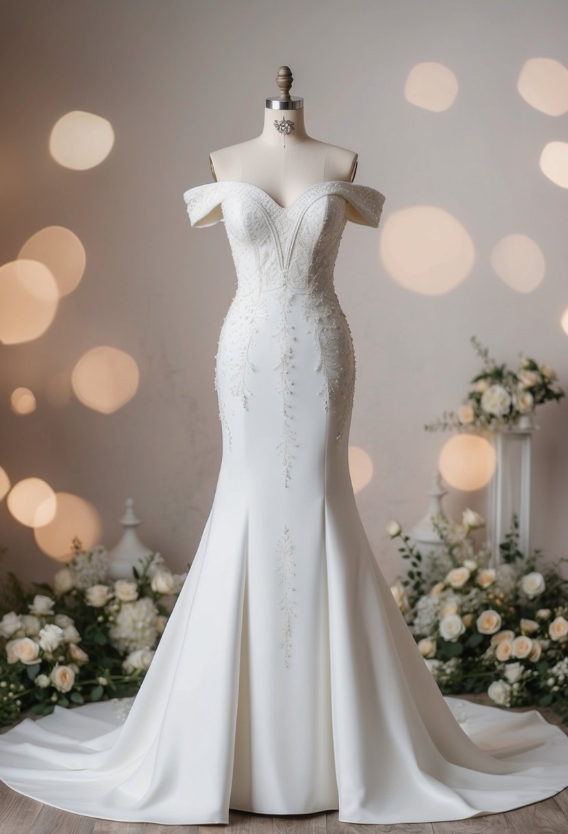 A stunning off-shoulder trumpet gown displayed on a mannequin, surrounded by elegant bridal accessories and a soft, romantic backdrop