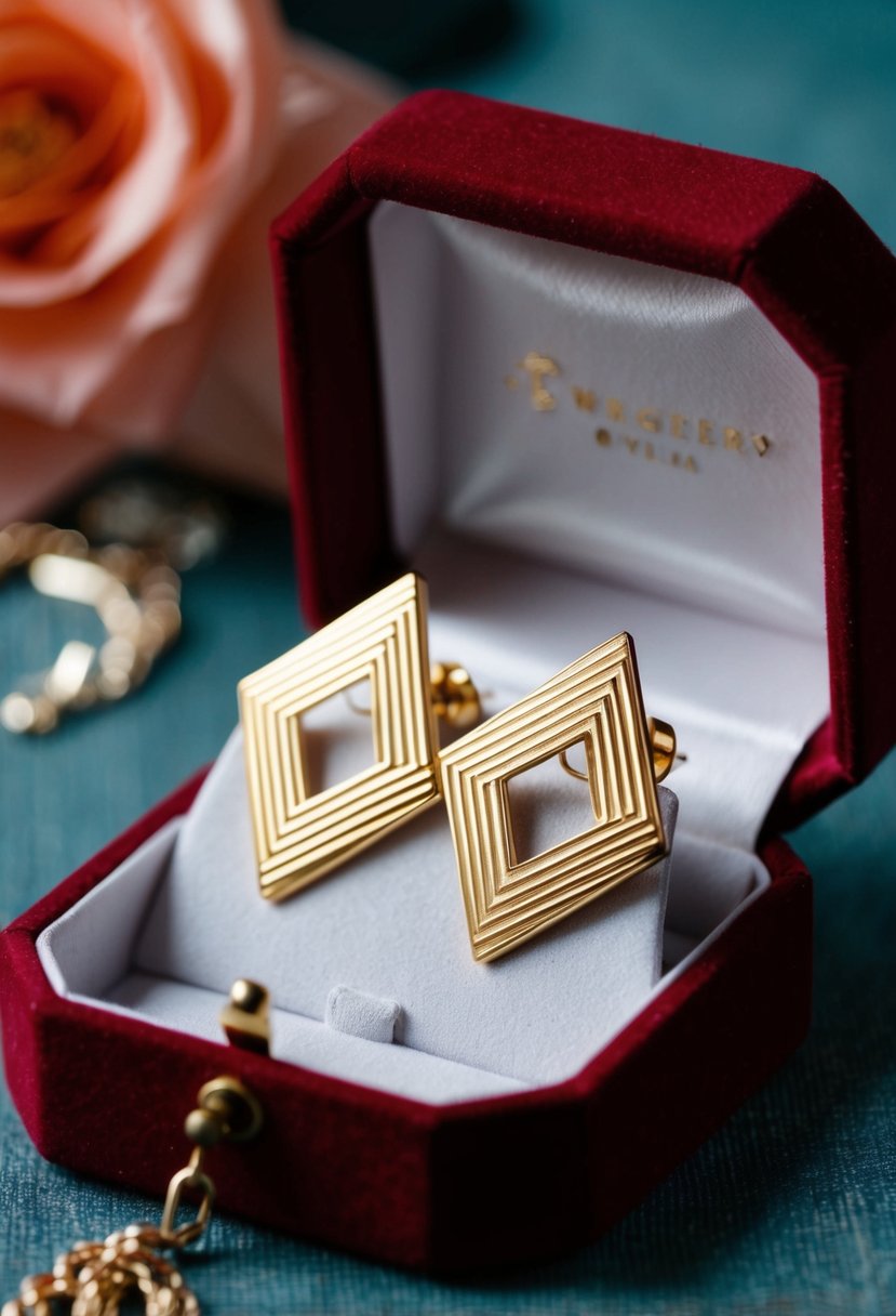 A pair of retro, geometric gold earrings displayed on a vintage velvet jewelry box