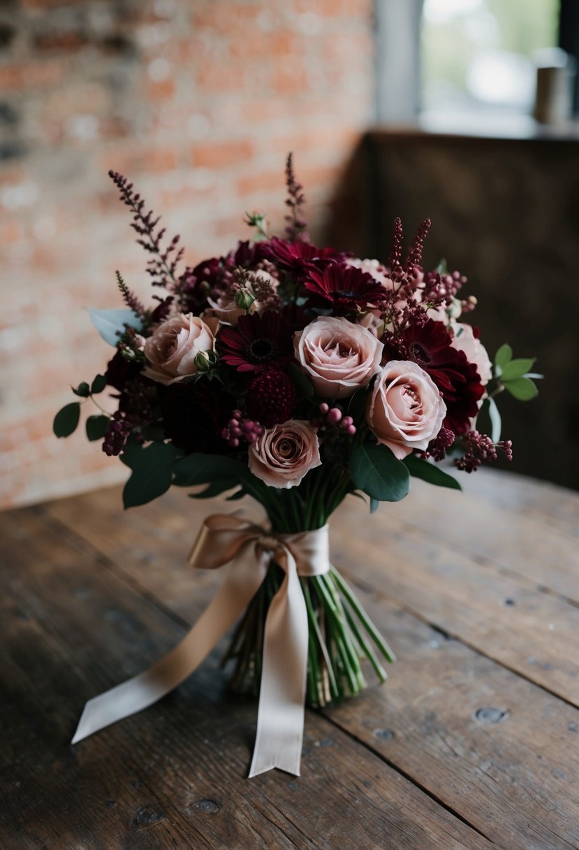 A delicate bouquet of burgundy and blush flowers, tied with a satin ribbon, sits on a rustic wooden table