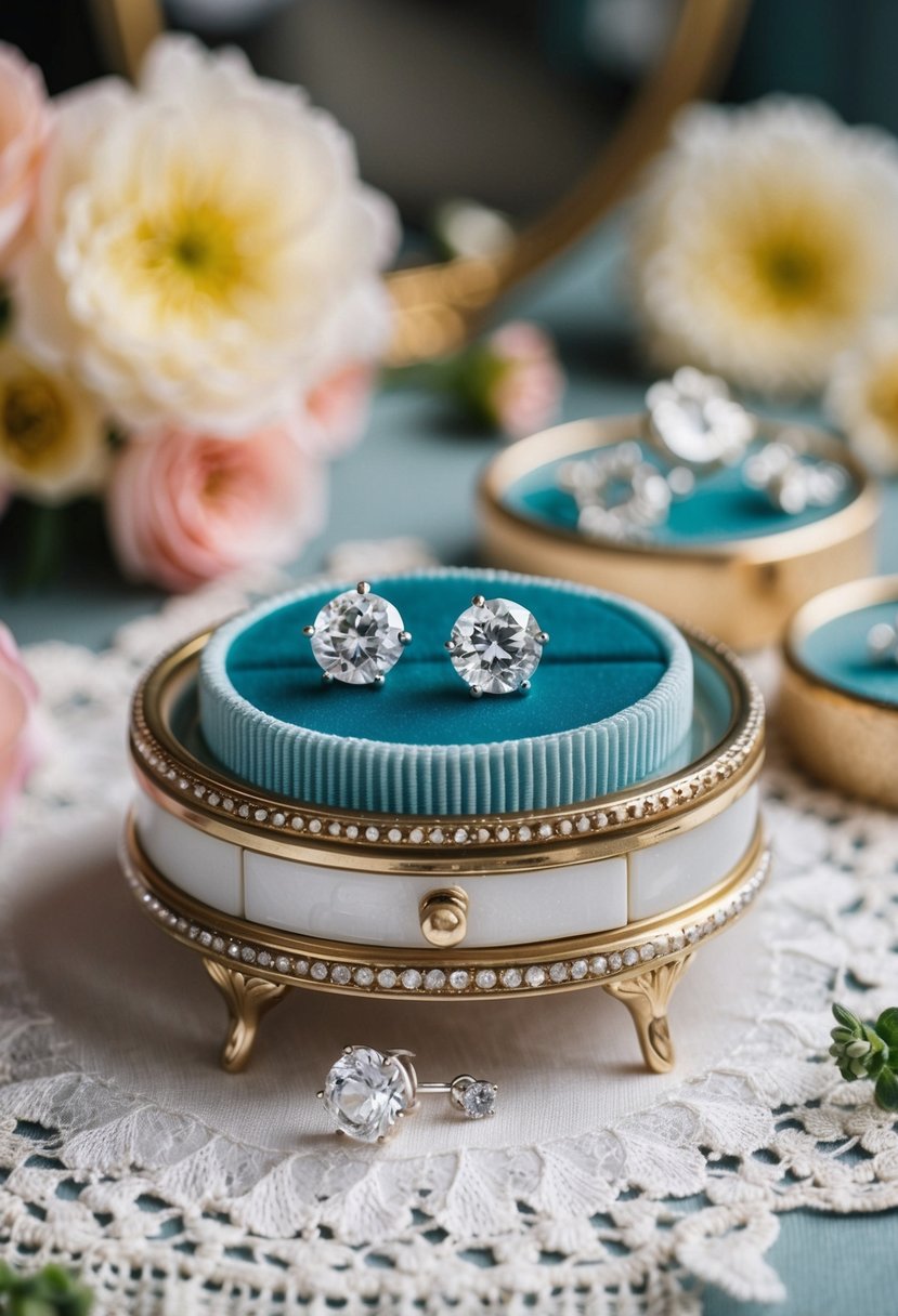 A vintage vanity table adorned with timeless zirconia stud earrings, surrounded by delicate lace and floral accents, evoking 60s wedding earring ideas