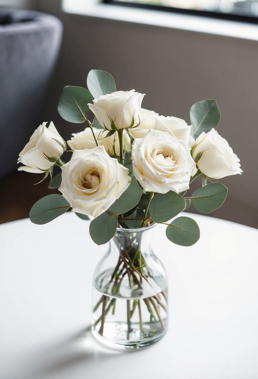 A small bouquet of white roses and eucalyptus leaves in a clear glass vase on a white table