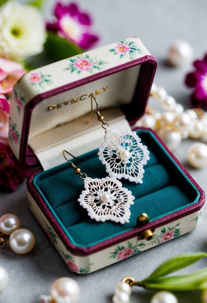 Delicate lace-inspired earrings dangle from a vintage jewelry box, surrounded by floral motifs and pearls