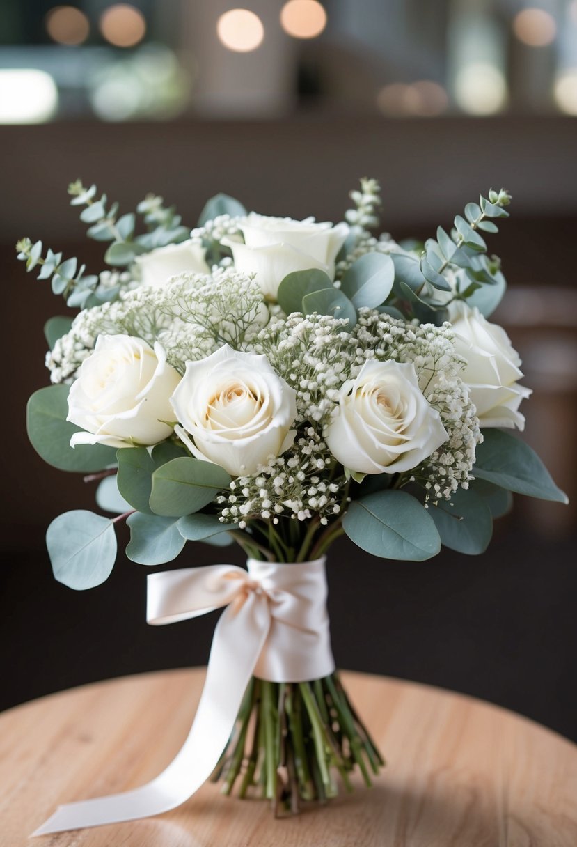 A delicate bouquet of white roses, baby's breath, and eucalyptus tied with a satin ribbon