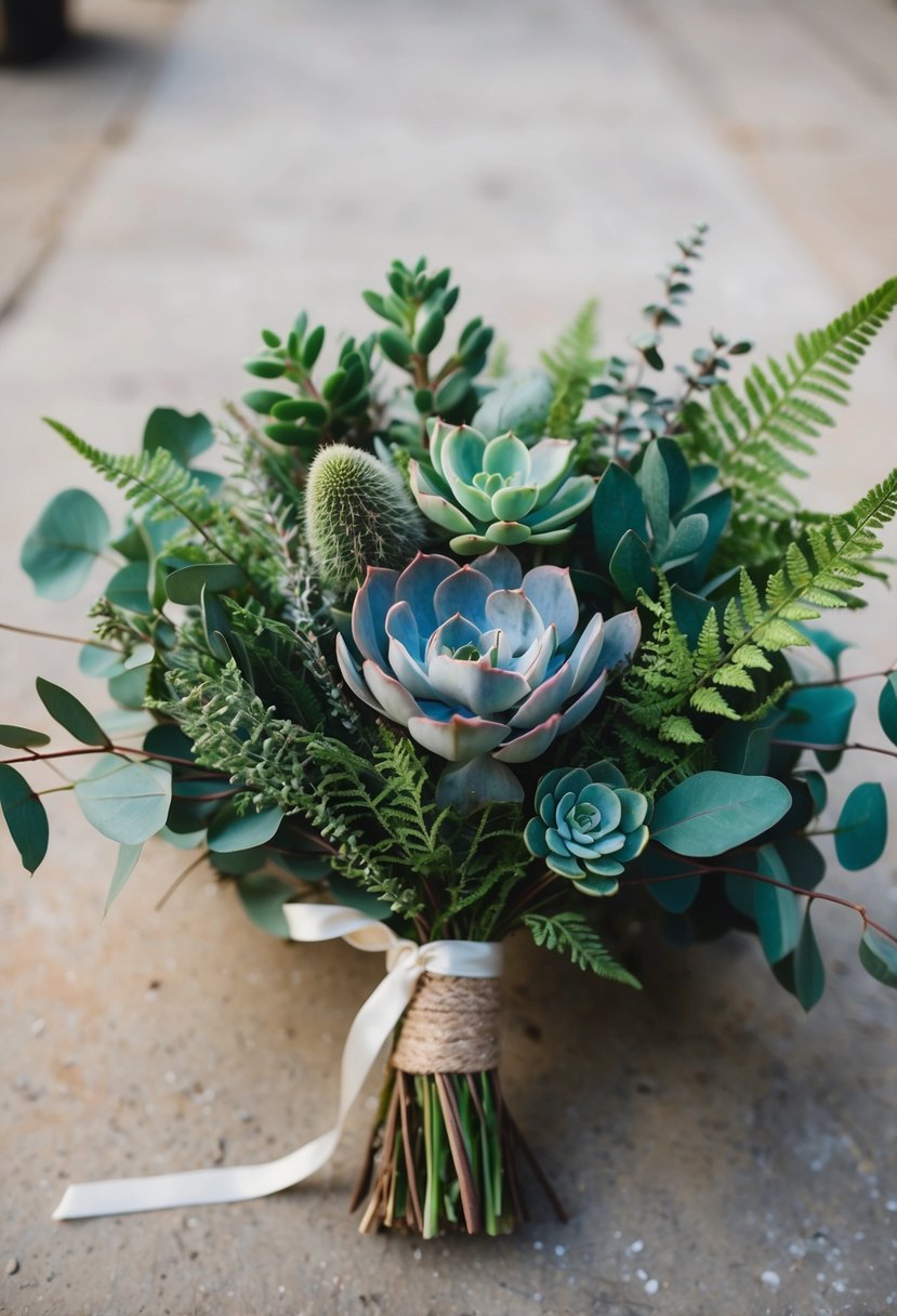 A rustic wedding bouquet of textured greenery, including eucalyptus, ferns, and succulents, tied with a simple ribbon