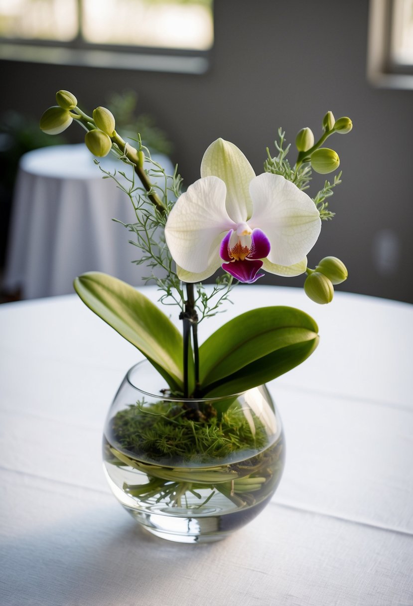 A single orchid, surrounded by delicate greenery, rests in a clear glass vase on a white linen-covered table