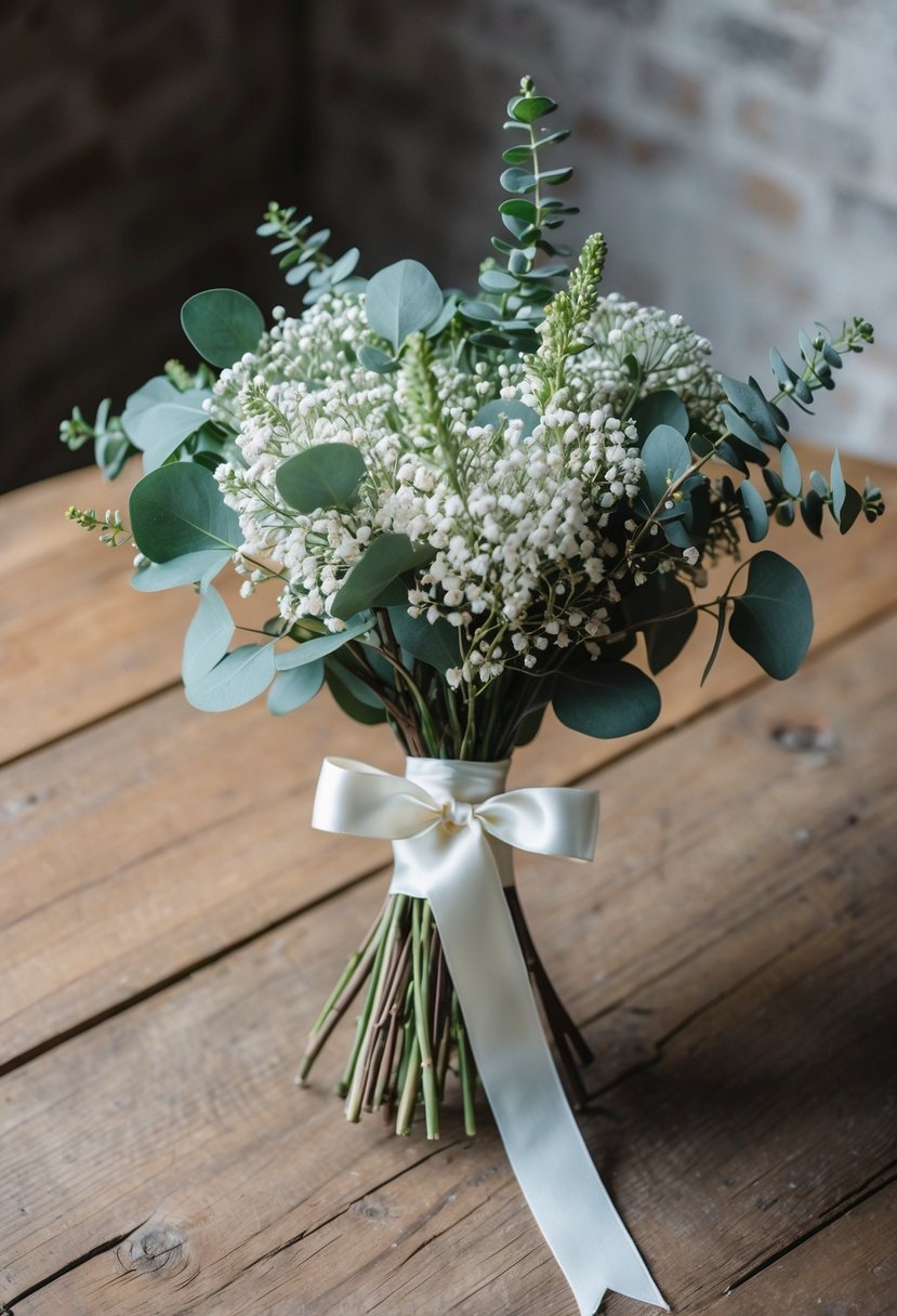 A delicate bouquet of gypsophila and eucalyptus tied with a satin ribbon, resting on a rustic wooden table