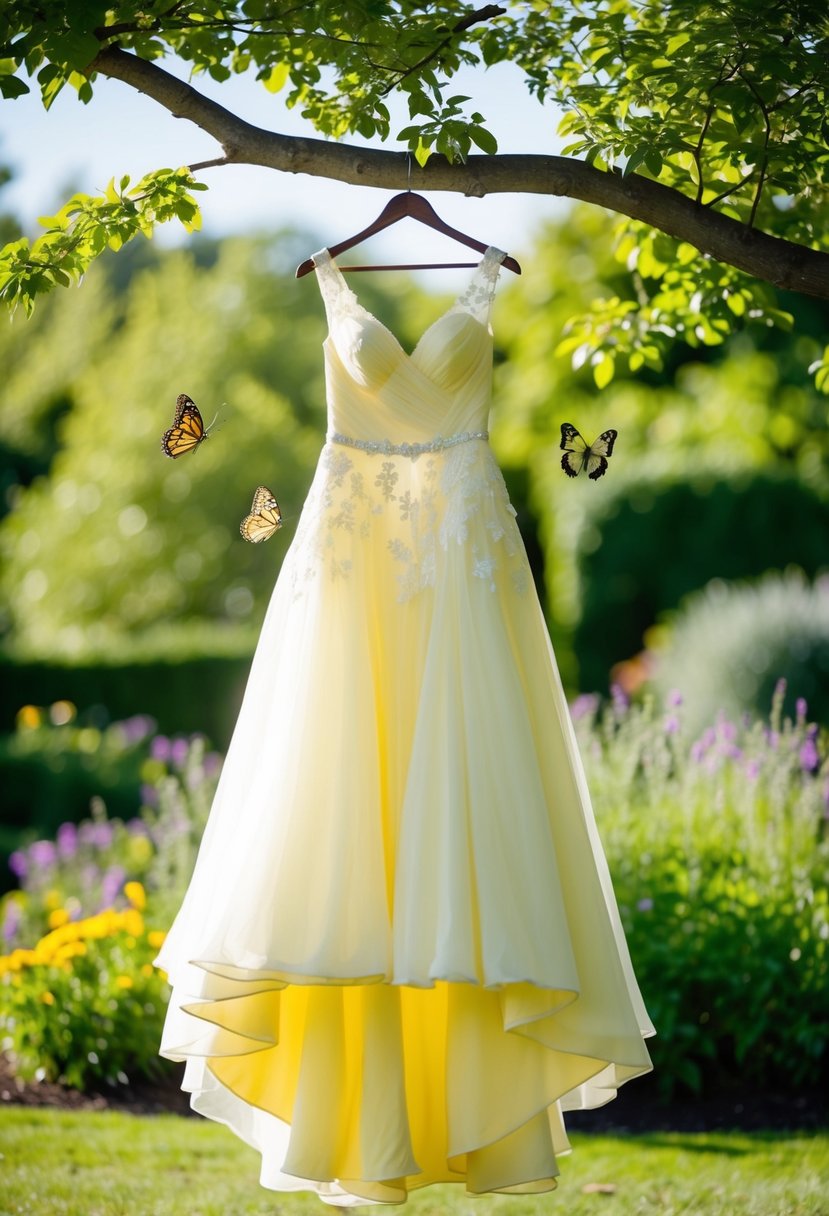 A sunny garden with a flowing yellow wedding dress hanging from a tree branch. Wildflowers and butterflies surround the dress