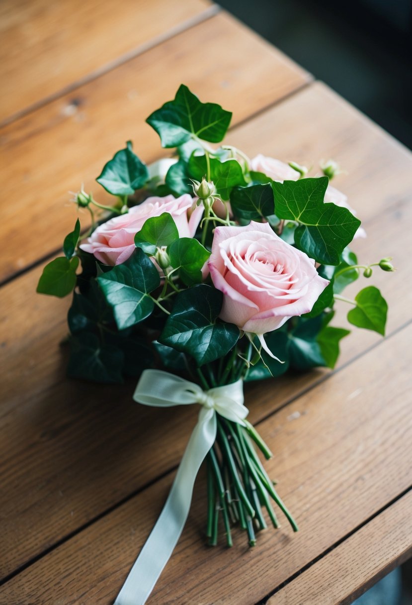 A small bouquet of roses and ivy, tied together with a ribbon, sitting on a wooden table