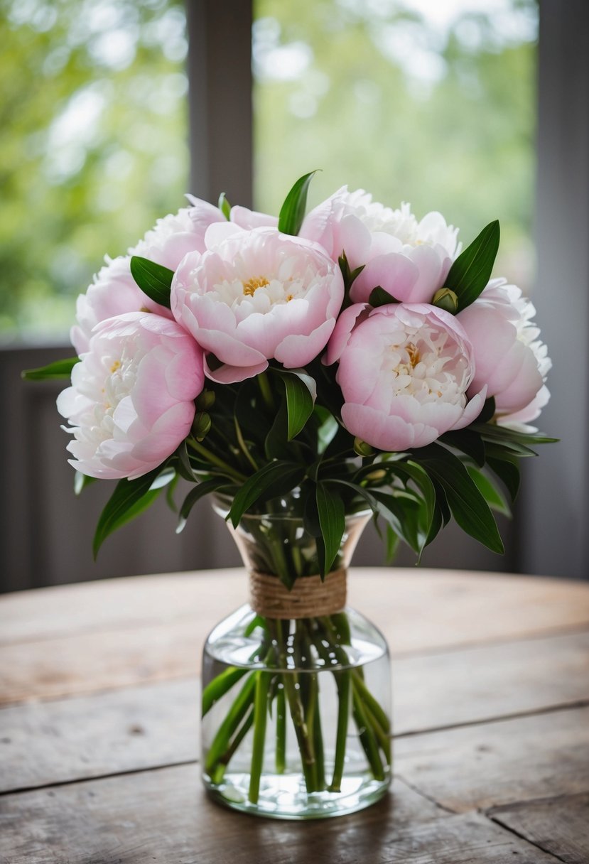 A simple wedding bouquet of peonies in a glass vase on a rustic wooden table