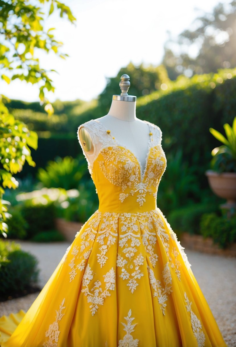 A radiant yellow wedding dress adorned with turmeric-inspired details and delicate lace, set against a backdrop of lush, sunlit gardens