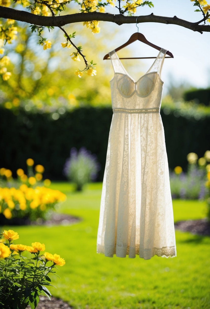 A sunny garden with blooming yellow flowers, a gentle breeze, and a vintage lace A-line dress hanging from a tree branch