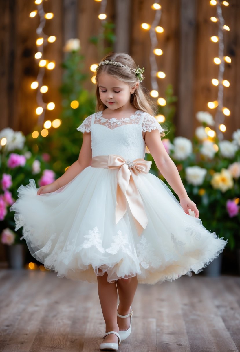 A young girl twirls in a fluffy white dress, adorned with delicate lace and a ribbon sash, surrounded by blooming flowers and twinkling fairy lights