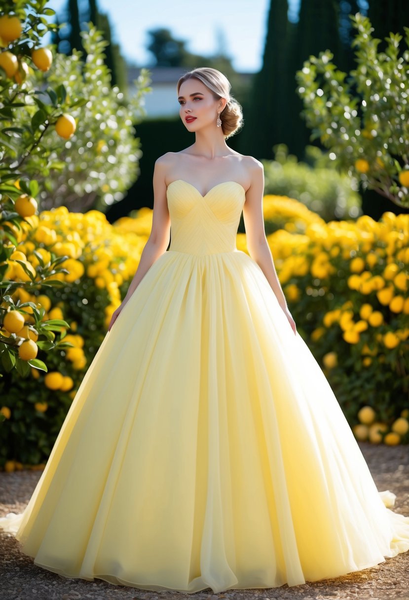 A flowing lemon sorbet ballgown stands in a sunlit garden, surrounded by blooming yellow flowers and citrus trees