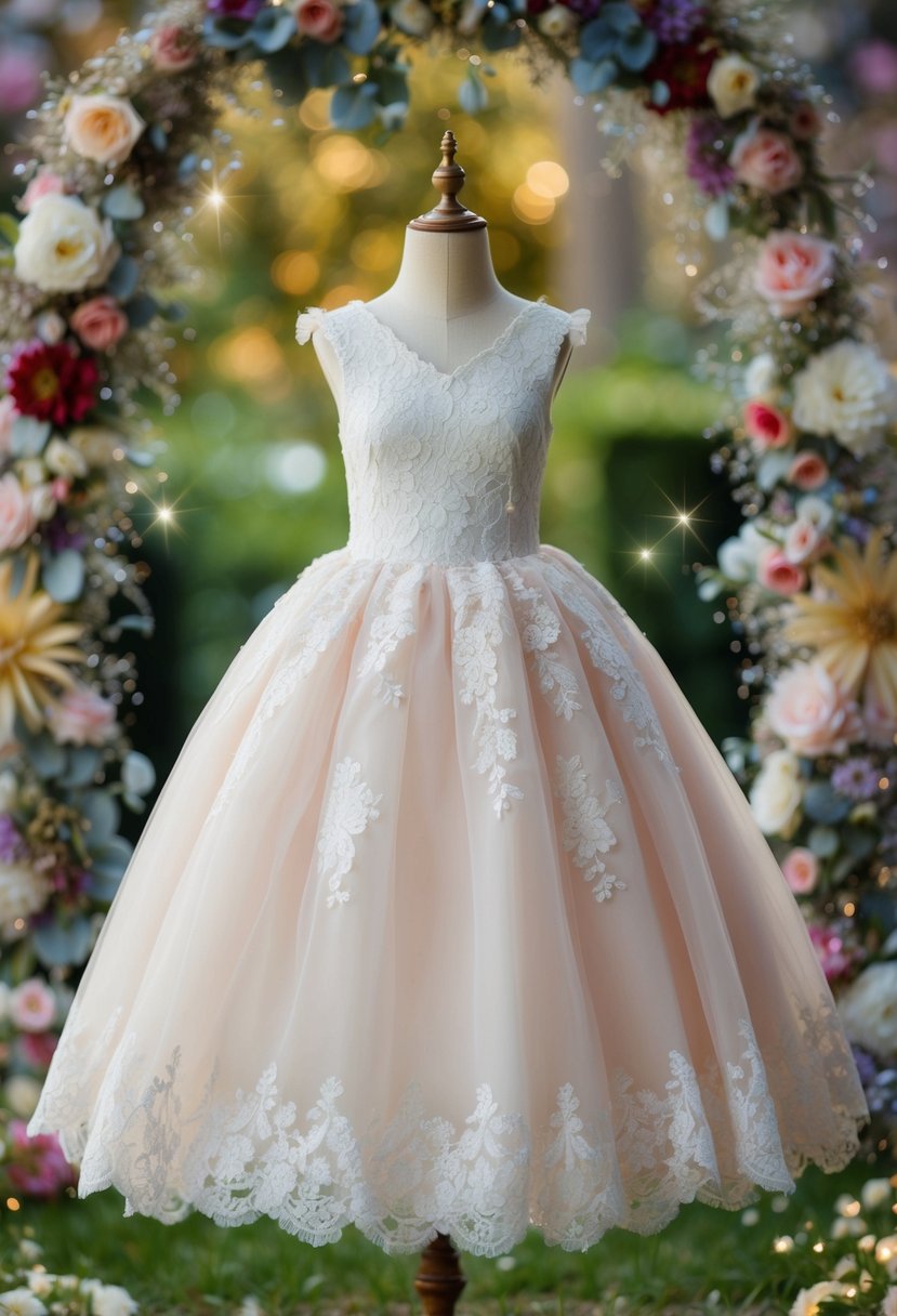 A lace princess dress with a tulle skirt, surrounded by floral decorations and sparkles, in a whimsical garden setting