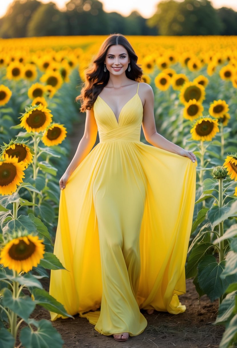 A flowing yellow maxi gown in a field of sunflowers during golden hour