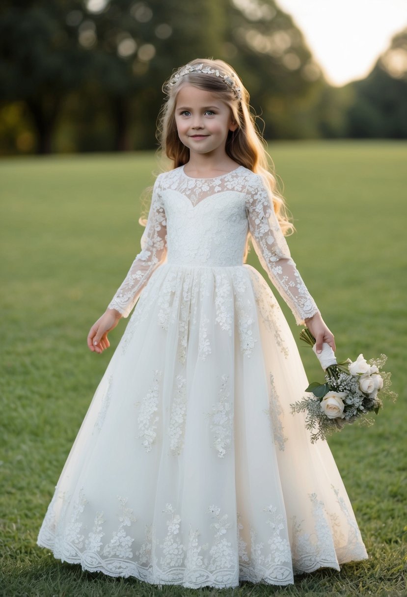 A dainty vintage lace gown with long sleeves, adorned with delicate floral patterns, perfect for a children's wedding attire