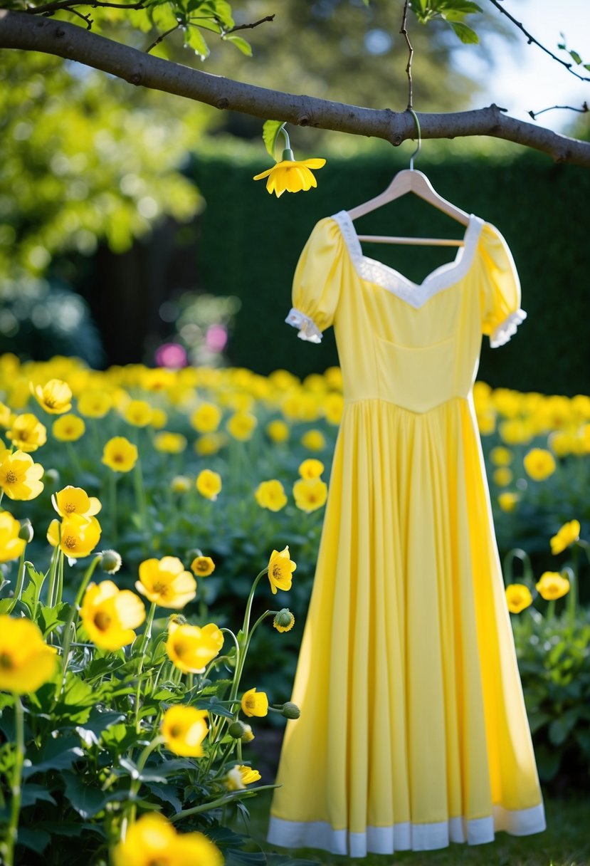 A sunny garden with blooming buttercup flowers, a vintage tea-length yellow dress hanging from a tree branch