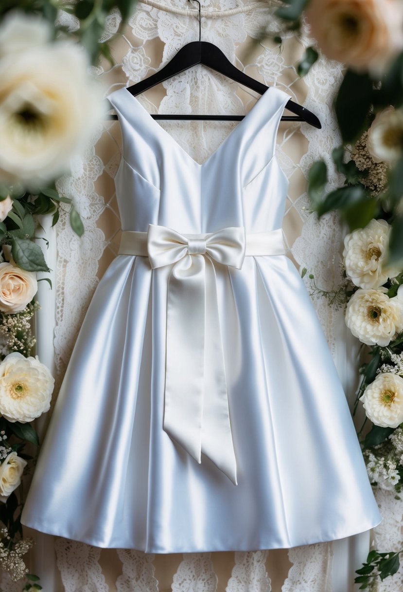 A white satin dress with a bow sash hangs on a hanger, surrounded by delicate lace and floral accents