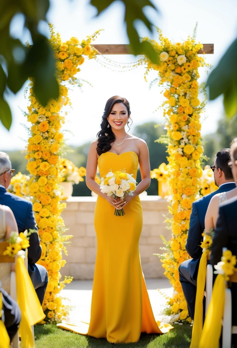 A sunny outdoor wedding with a bride in a saffron strapless sheath dress, surrounded by yellow flowers and golden decor