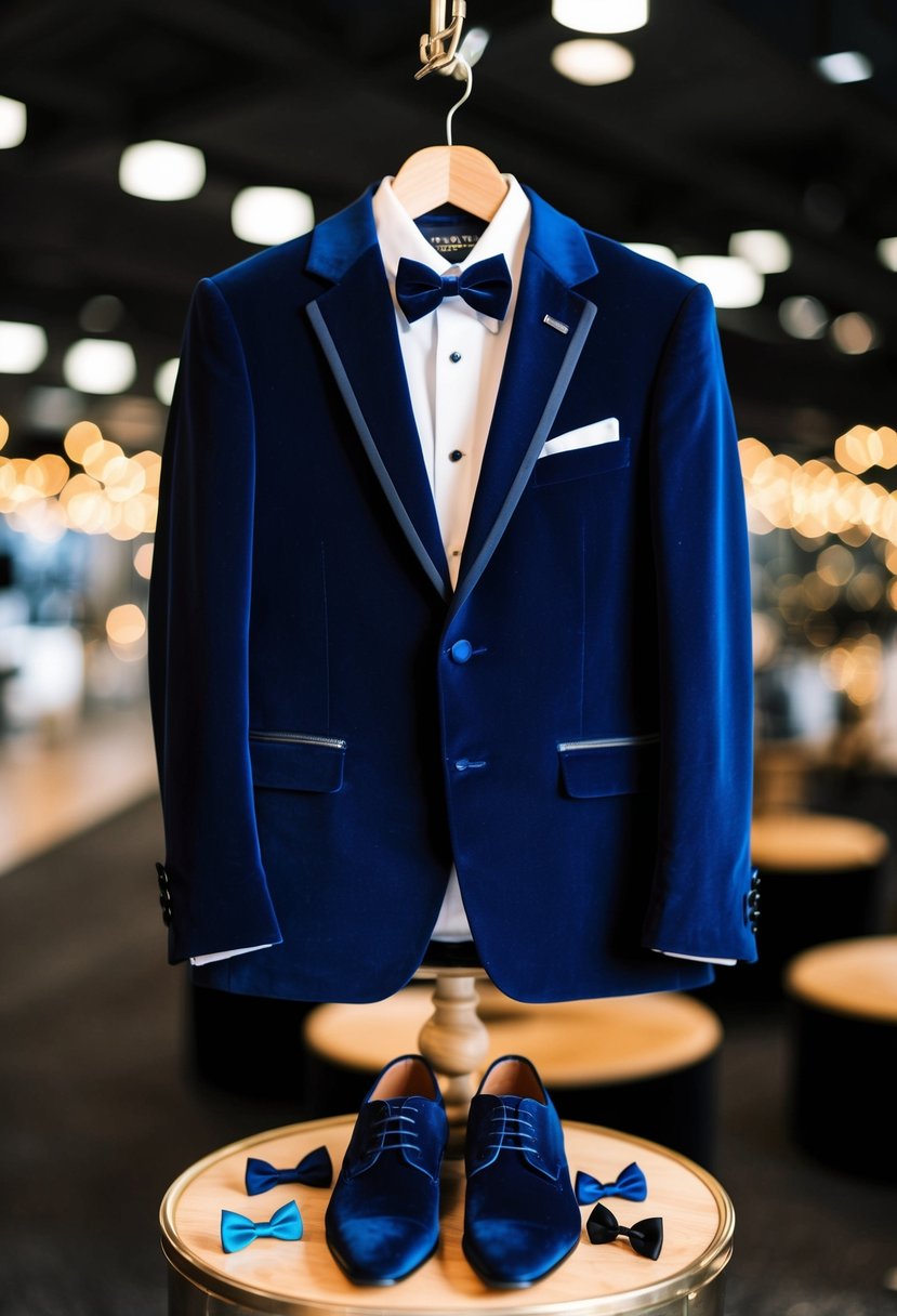 A navy blue velvet suit displayed on a hanger, surrounded by tiny bow ties and dress shoes