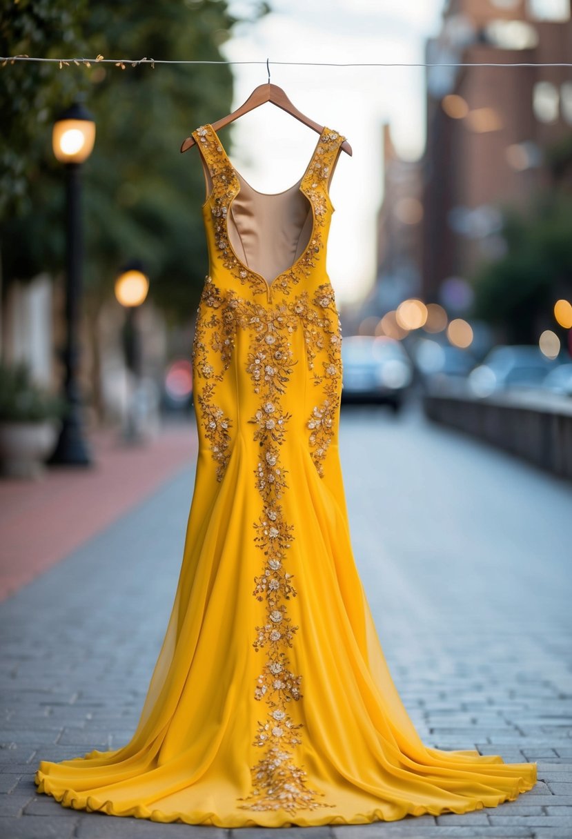 A mermaid-style wedding dress with marigold embroidery cascading down the flowing yellow fabric