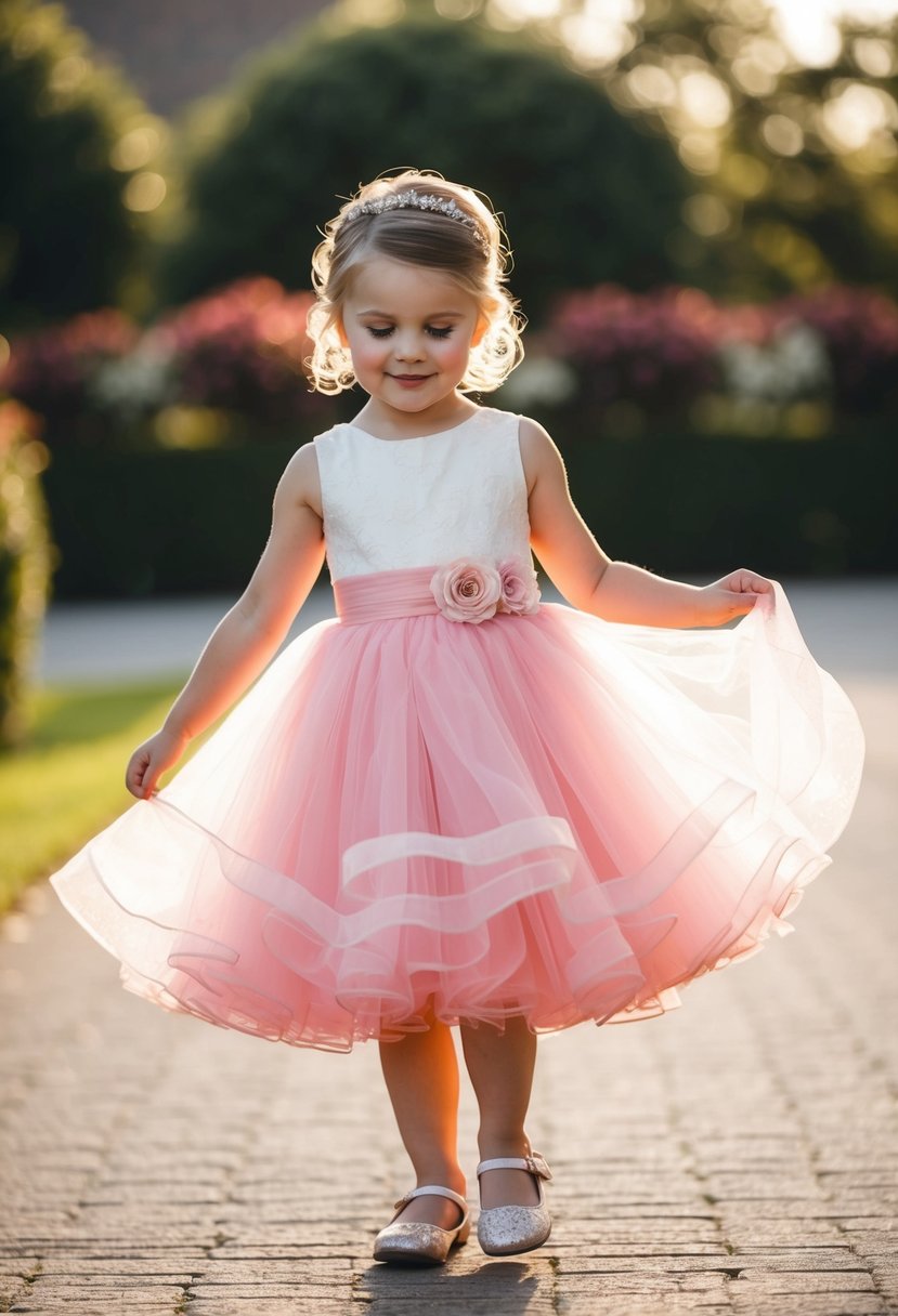 A little girl twirls in a pink tulle flower girl dress at a wedding