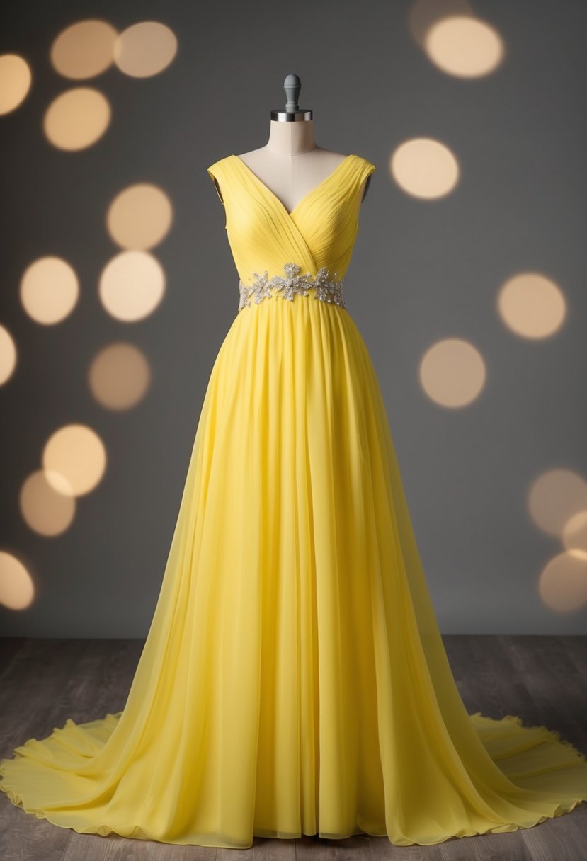 A flowing canary yellow wedding dress with an empire waist, adorned with delicate details and elegant draping