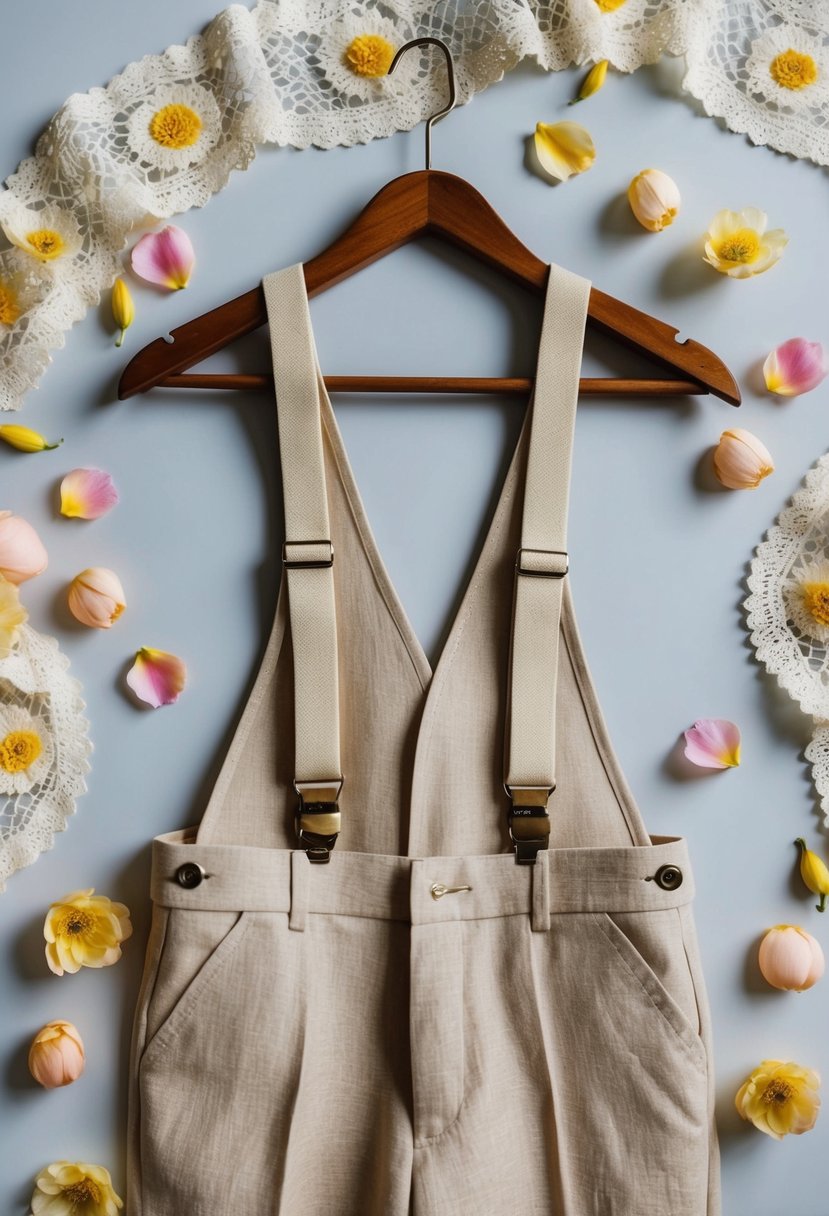 A beige linen suit with suspenders hangs on a wooden hanger, surrounded by delicate flower petals and lace