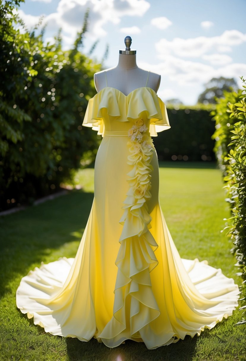 A flowing off-shoulder yellow wedding dress with ruffled details cascading down the bodice and skirt, catching the light in a sun-drenched garden setting