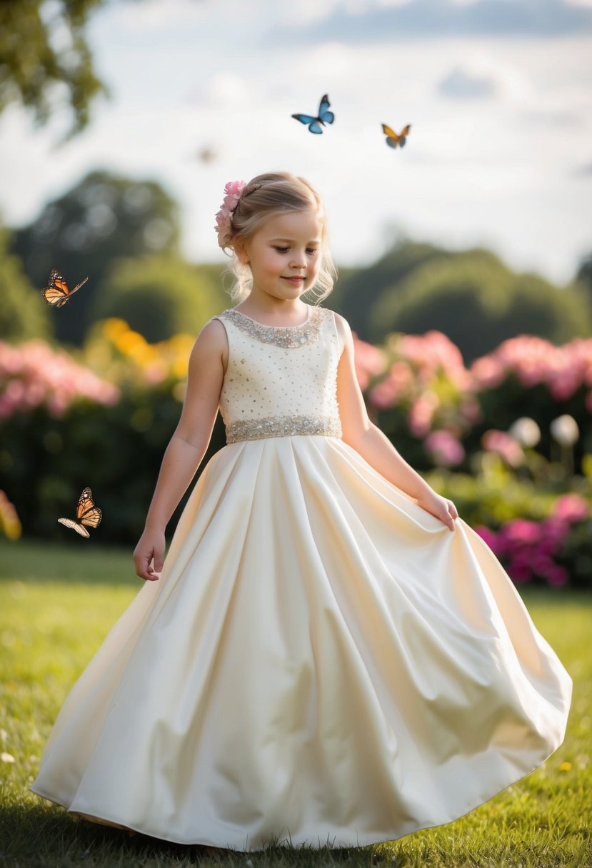 A young girl twirls in an ivory silk A-line dress with a beaded top, surrounded by flowers and butterflies