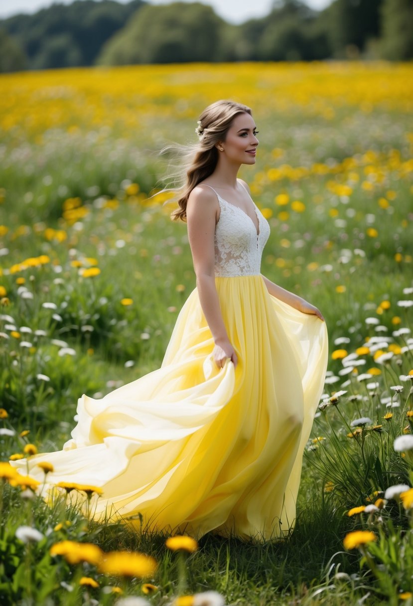 A dandelion yellow chiffon wedding dress flowing in the breeze among a field of wildflowers