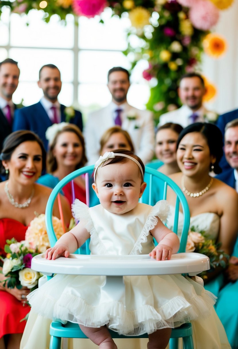 A baby in a frilly white dress sits in a high chair, surrounded by colorful decorations and smiling wedding guests