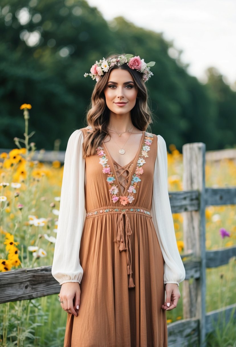 A rustic boho-style dress with a floral crown, set against a backdrop of wildflowers and a vintage wooden fence