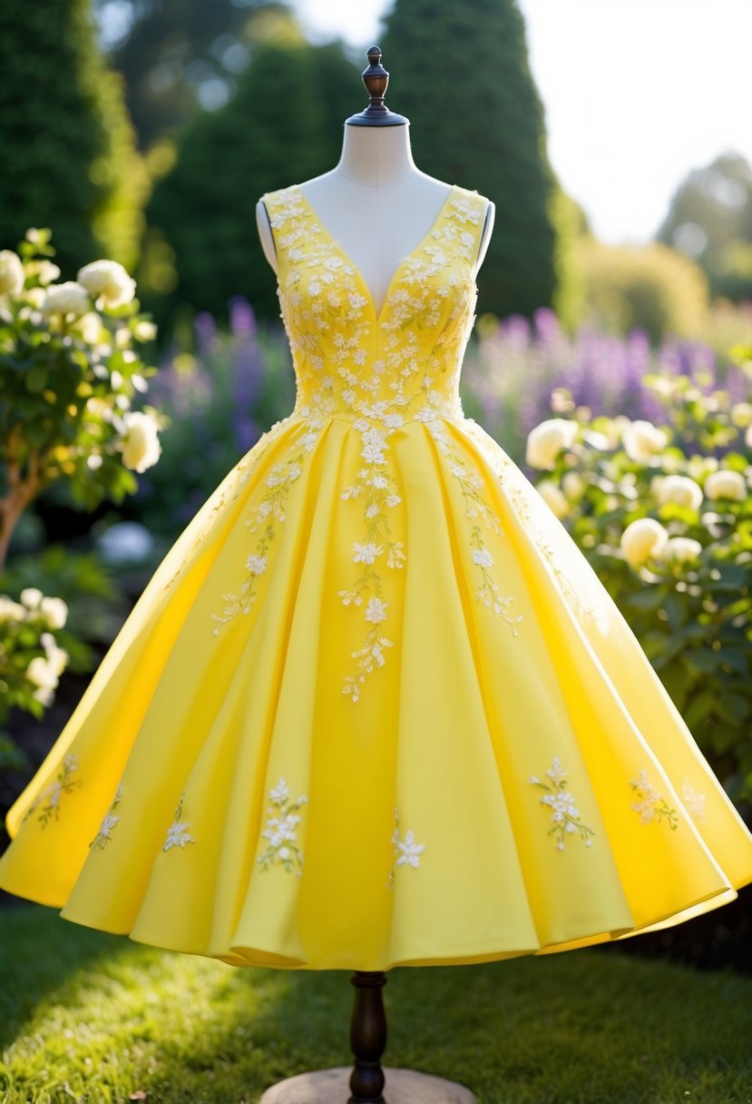 A bright yellow fit & flare wedding dress adorned with delicate honey blossom embroidery, set against a backdrop of a sunlit garden