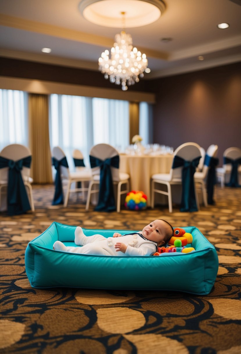 A wedding venue with a designated area for a baby, equipped with toys and a comfortable resting spot