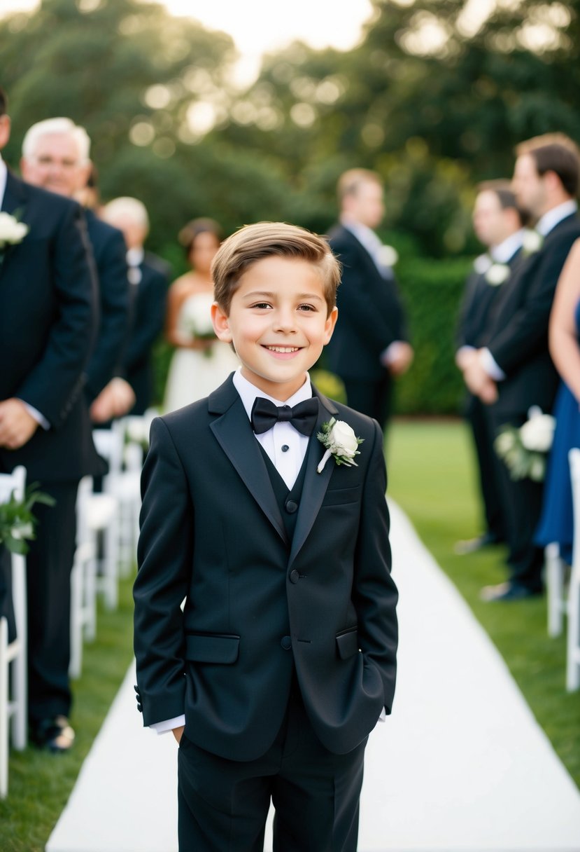 A young boy in a classic black suit and bow tie, standing with hands in pockets, smiling at a wedding