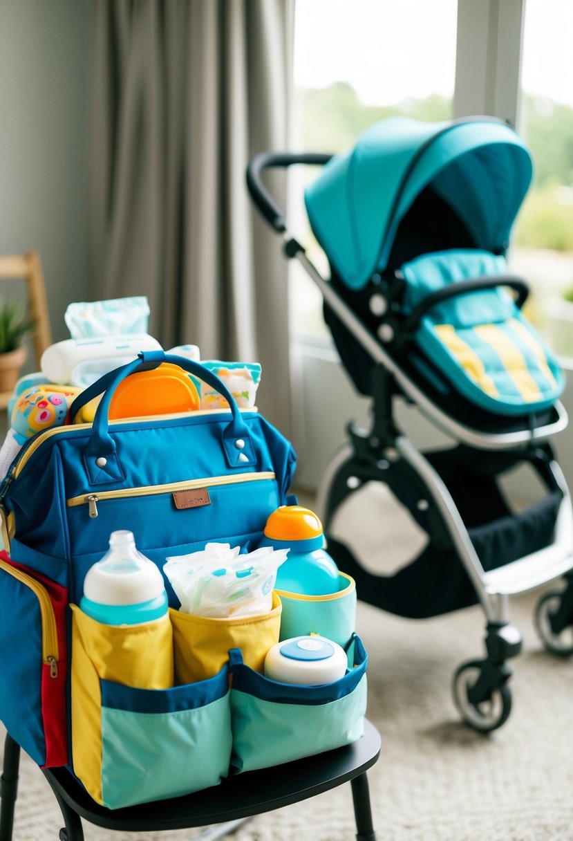 A colorful, organized diaper bag sits on a chair next to a stroller, filled with diapers, wipes, bottles, and toys