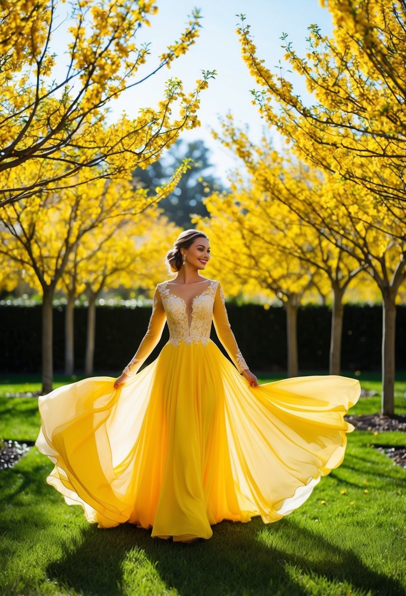 A sunny garden with blooming mimosa trees, a flowing yellow long-sleeve wedding dress swirling in the breeze