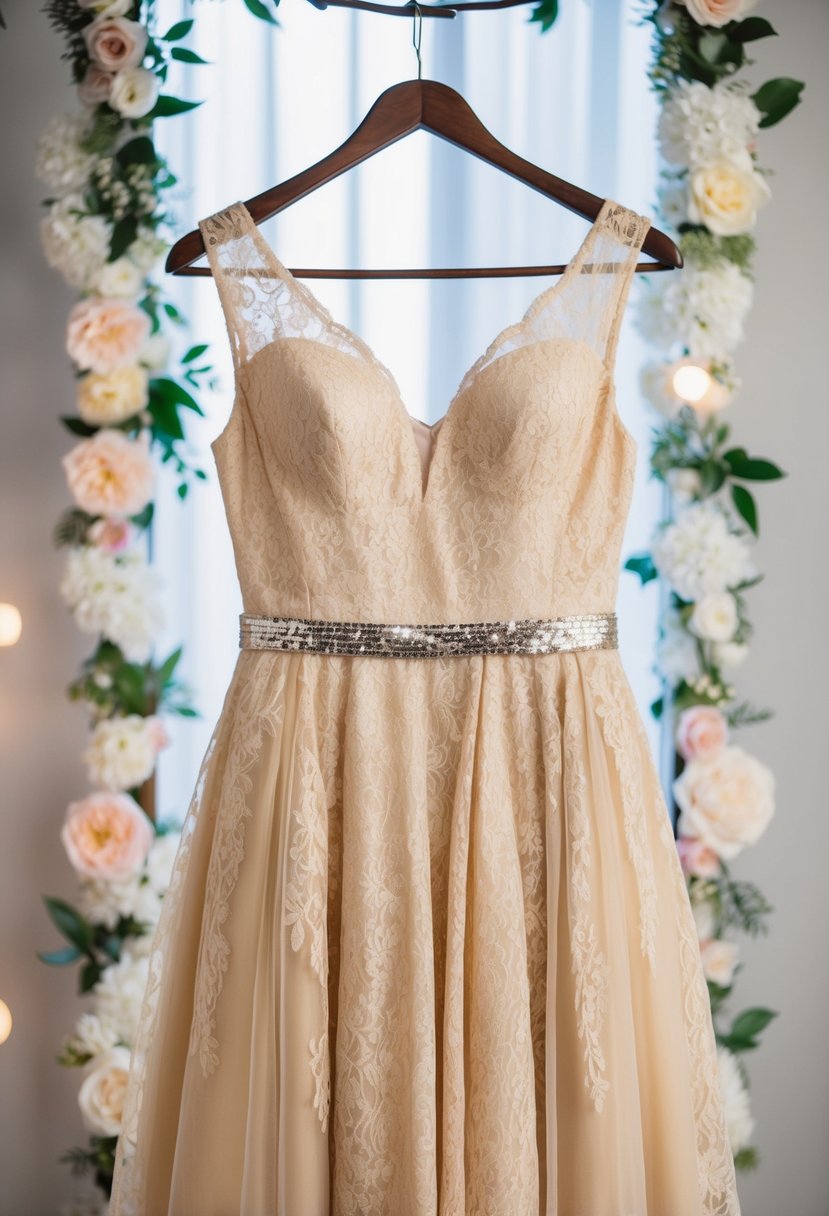 A champagne lace dress with a sequined belt hangs on a hanger, surrounded by soft lighting and delicate floral accents