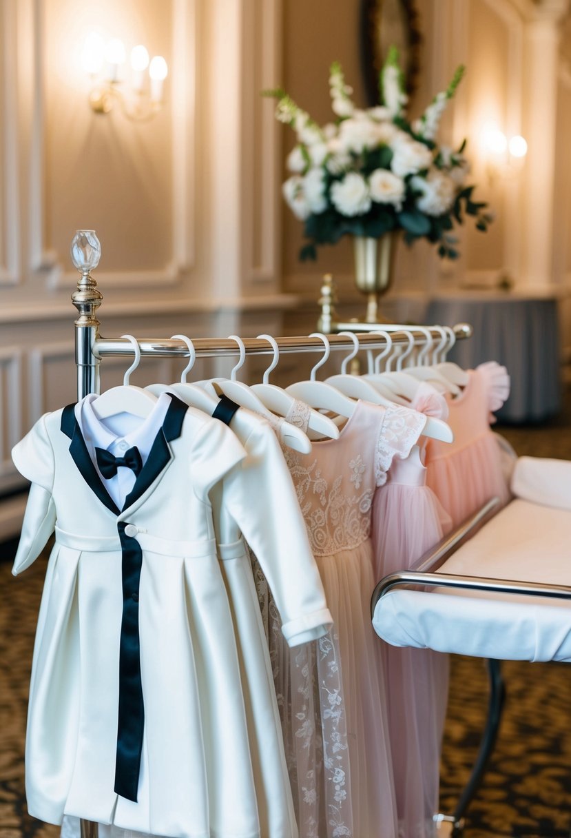 A rack of elegant baby outfits, including a tiny tuxedo and a frilly dress, sits next to a changing table in a beautifully decorated wedding venue