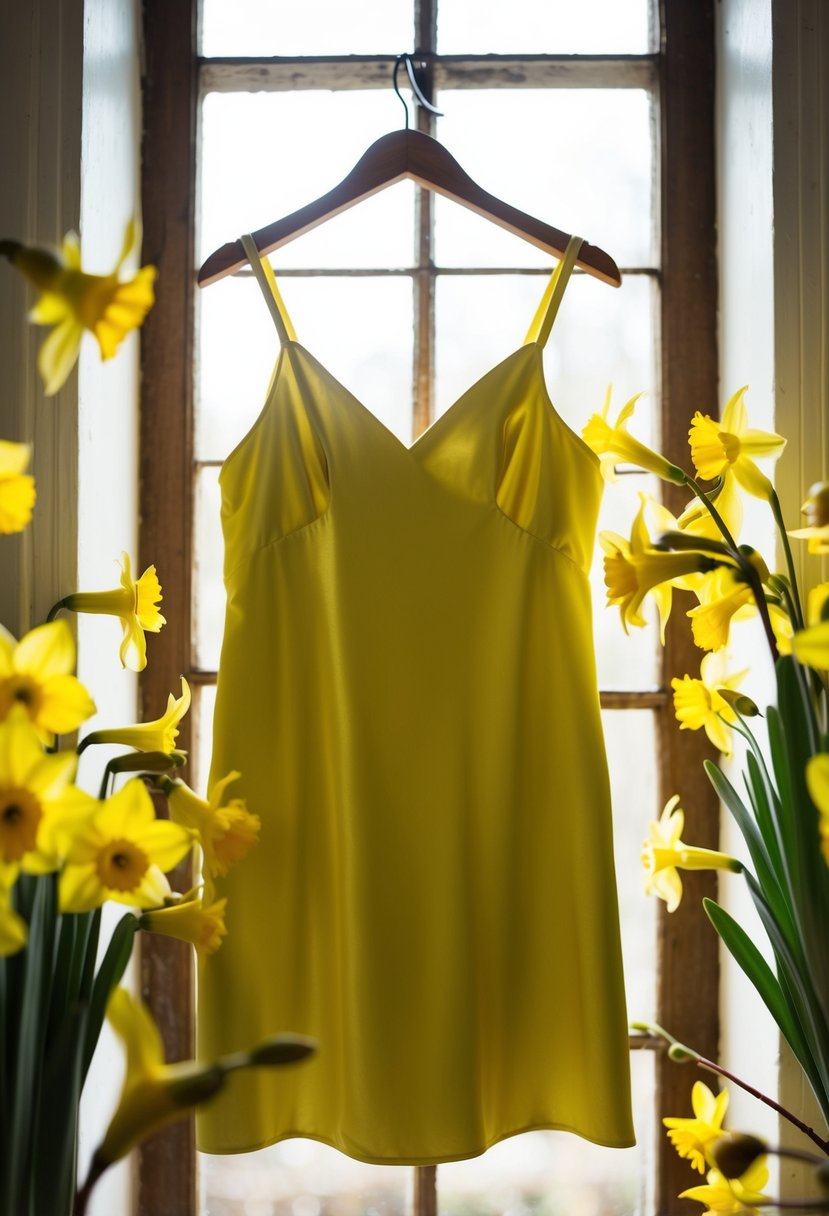 A daffodil satin slip dress hanging on a rustic wooden hanger, surrounded by delicate yellow flowers and soft sunlight streaming through a window