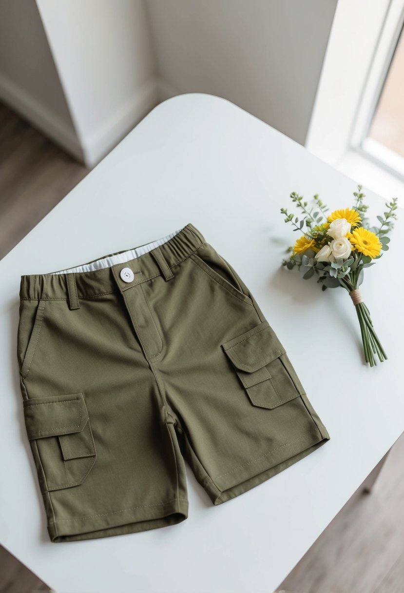 A child's khaki shorts and polo shirt laid out on a white table with a small bouquet of flowers next to it