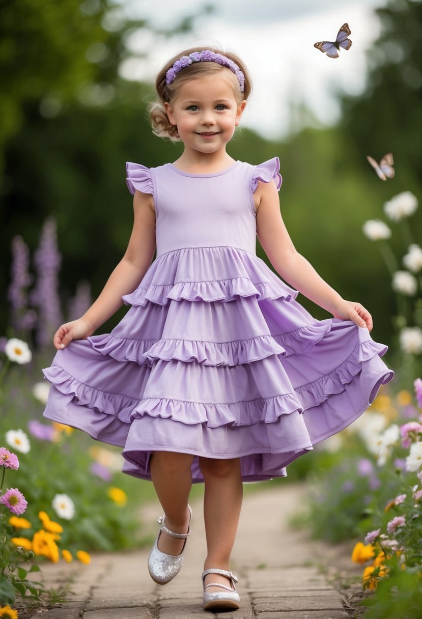 A young girl twirls in a lilac ruffle tiered dress, wearing a matching headband, surrounded by flowers and butterflies