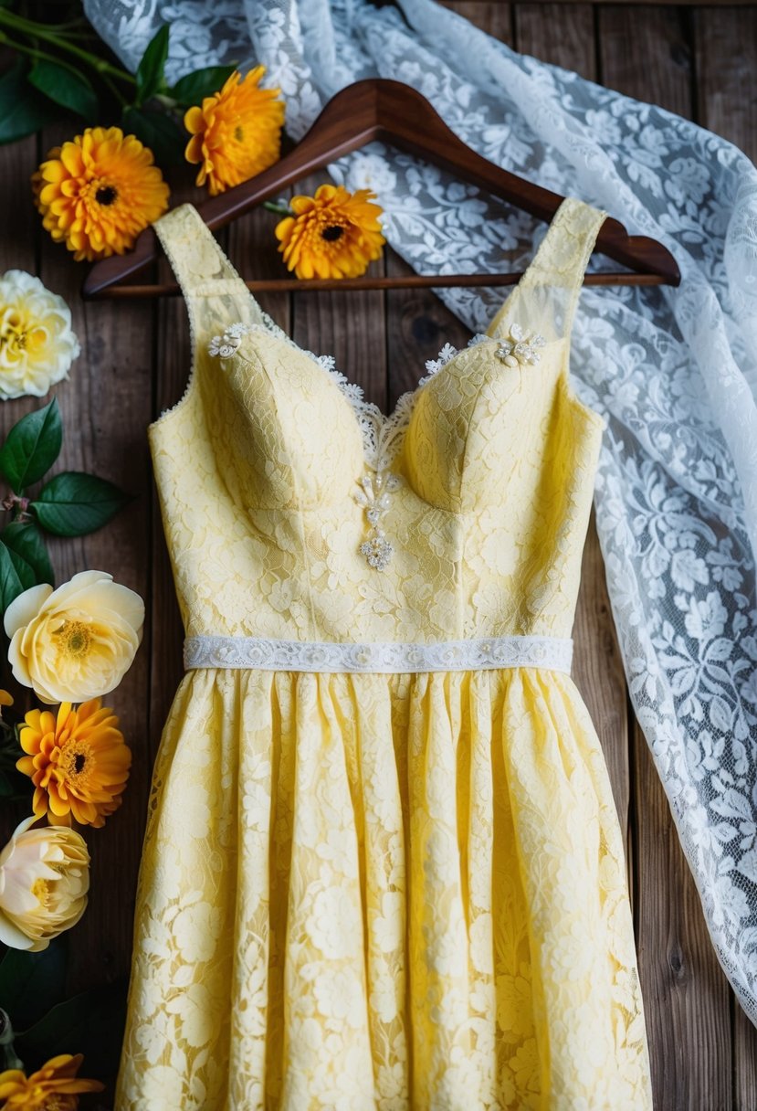 A vintage lace yellow wedding dress hanging on a rustic wooden hanger, surrounded by blooming citrine flowers and delicate lace fabric