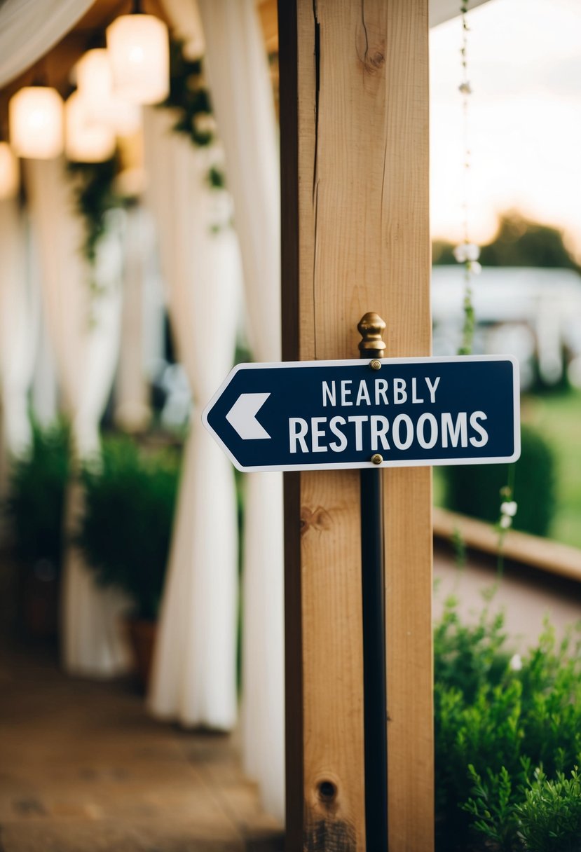 A sign pointing to nearby restrooms in a wedding venue