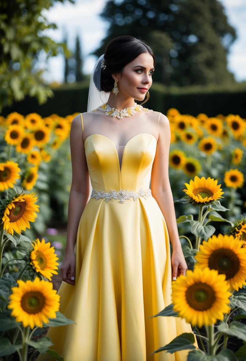 A bride in a maize yellow jewel neck illusion wedding dress, surrounded by sunflowers and daisies in a garden