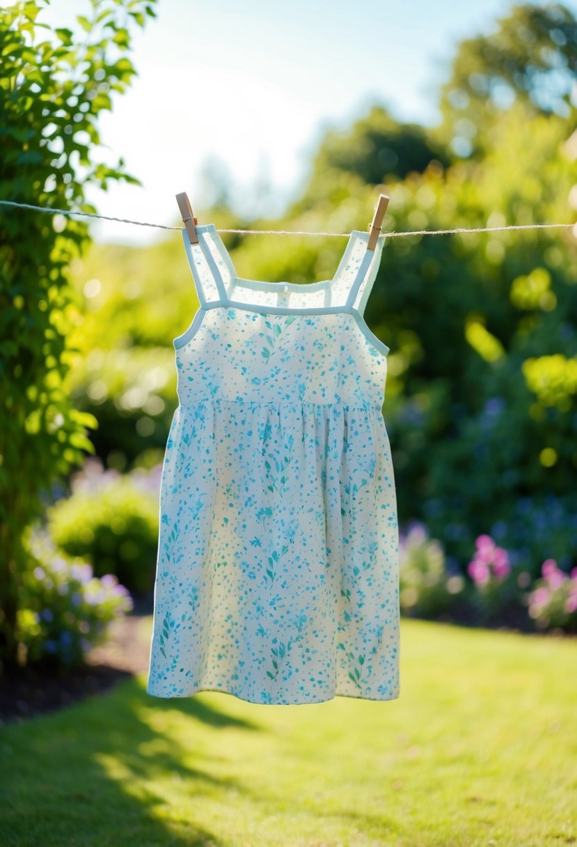 A simple cotton sundress with a floral print hangs on a clothesline in a sunlit garden