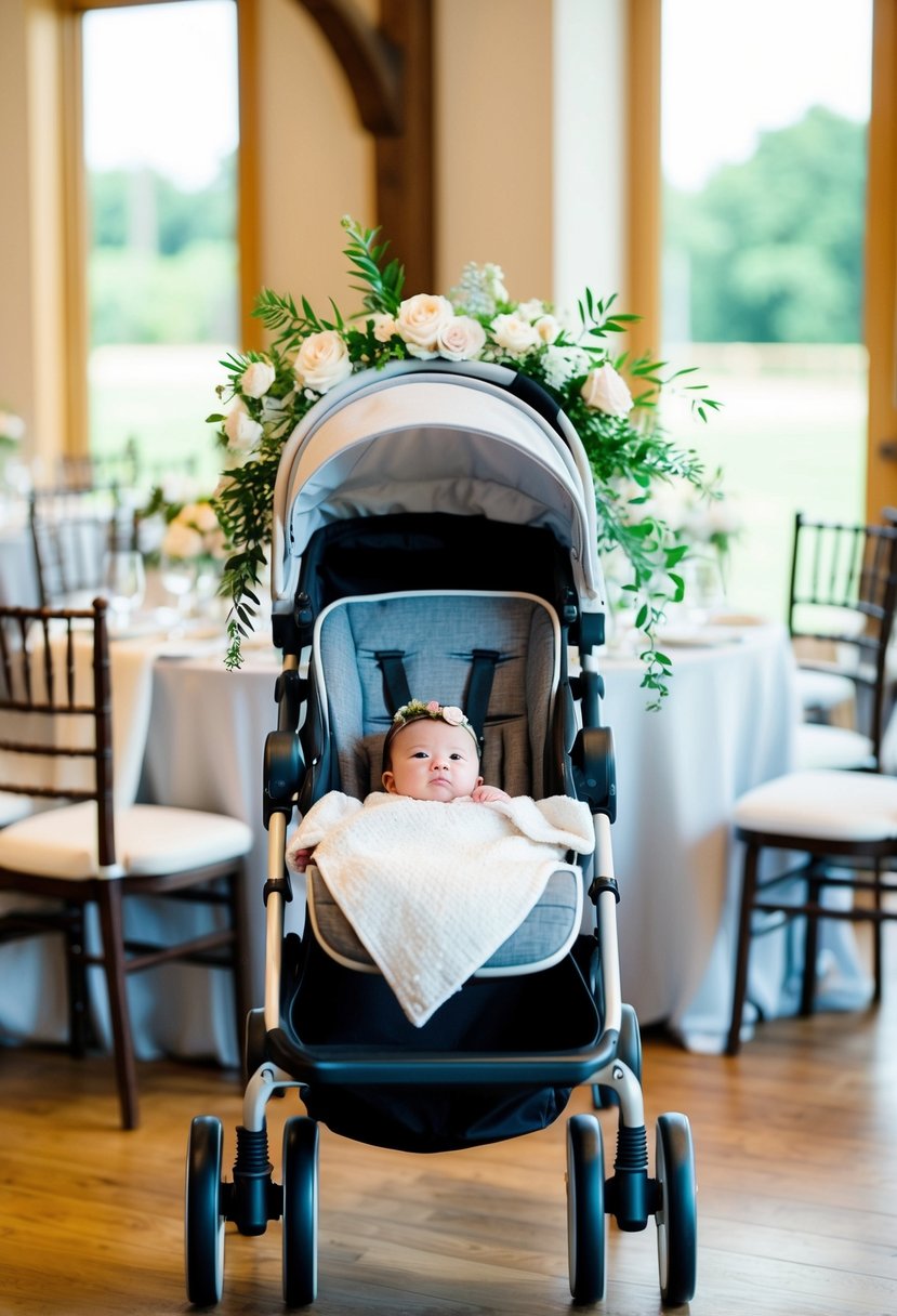 A stroller sits in the back of a wedding venue, adorned with delicate flowers and a small blanket, ready for the baby to be taken for a walk