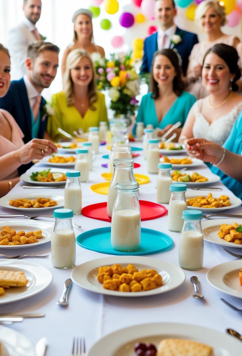 A table set with baby-friendly finger foods and small bottles of milk, surrounded by colorful decorations and cheerful wedding guests